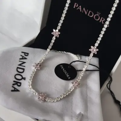 Collar Pandora con flores de cristal rosa s925 - miniatura 1