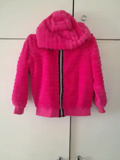 Chaqueta de felpa rosada con capucha para niña - miniatura 1