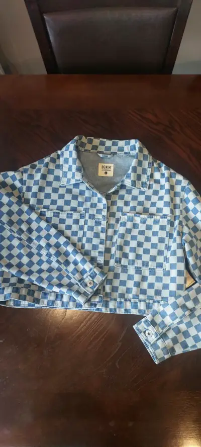 Chaqueta de mezclilla a cuadros azul y blanco - miniatura 1