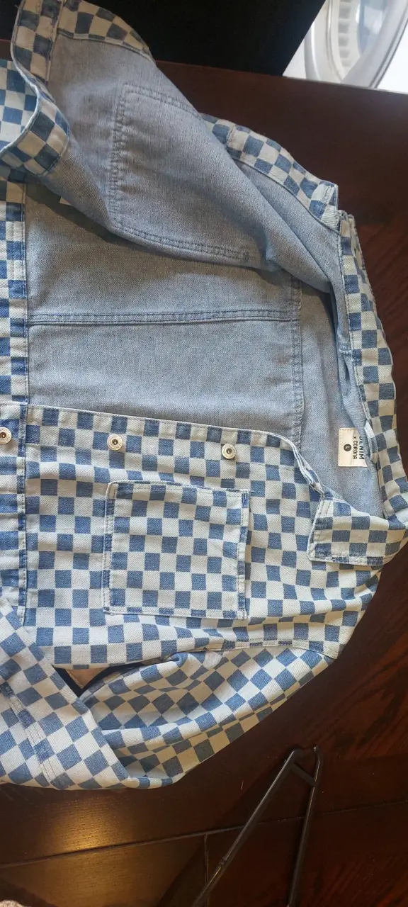 Chaqueta de mezclilla a cuadros azul y blanco - 3