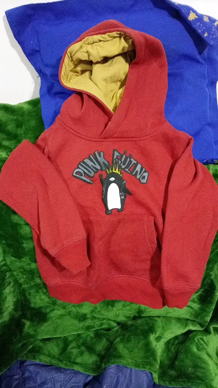 Polerón infantil rojo con capucha y diseño de pingüino