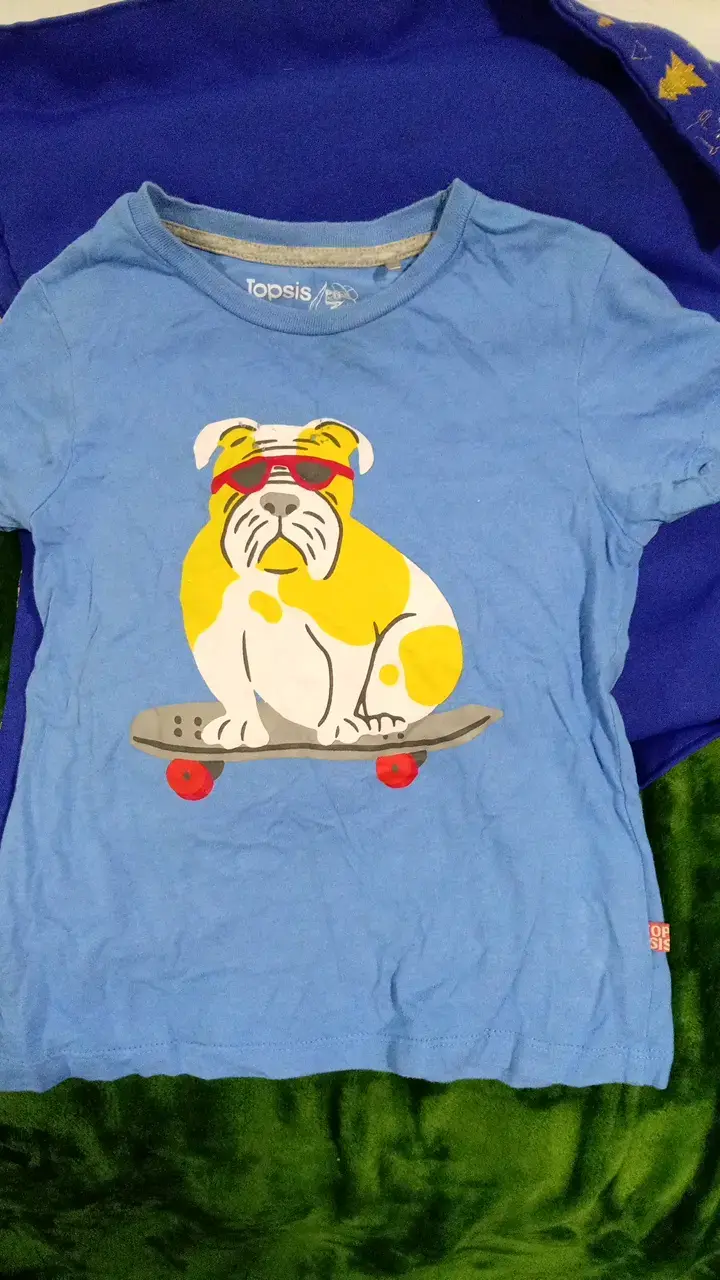 Polera infantil azul con diseño de perro en patineta