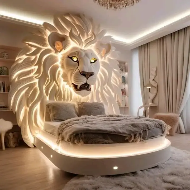 Cama de lujo con diseño de león iluminado