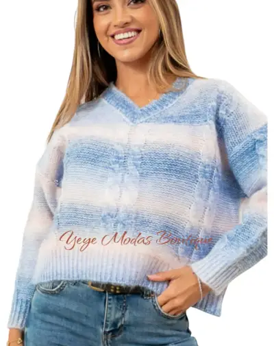 Suéter de punto azul degradado para mujer - miniatura 1