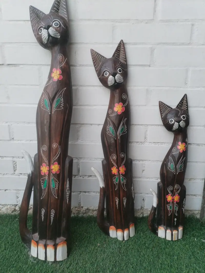 Set de 3 esculturas de gatos de madera decorativos - 4