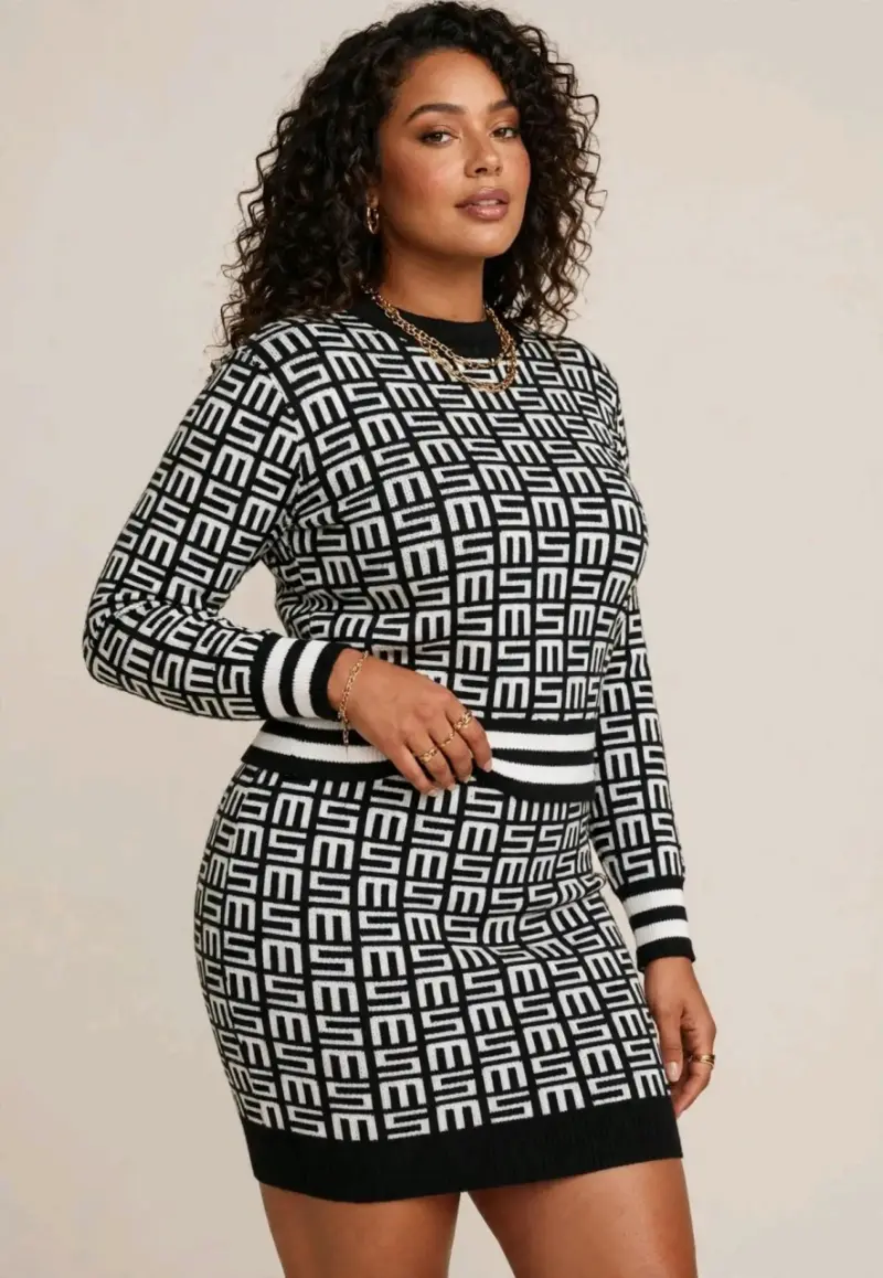 Vestido ajustado negro y blanco con diseño geométrico
