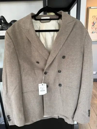 Blazer Doble Botonadura Zara Beige Talla 50 - miniatura 1