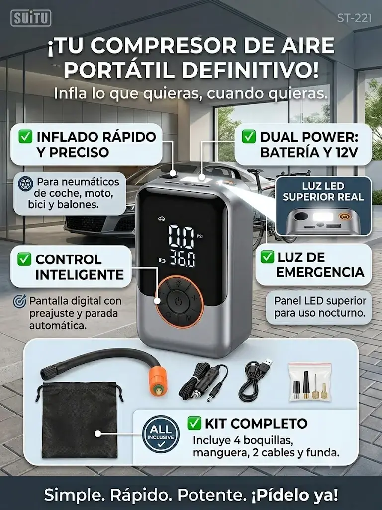 Compresor de Aire Portátil Suitu ST-221 Auto, Bici - 2