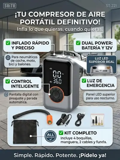 Compresor de Aire Portátil Suitu ST-221 Auto, Bici - miniatura 2