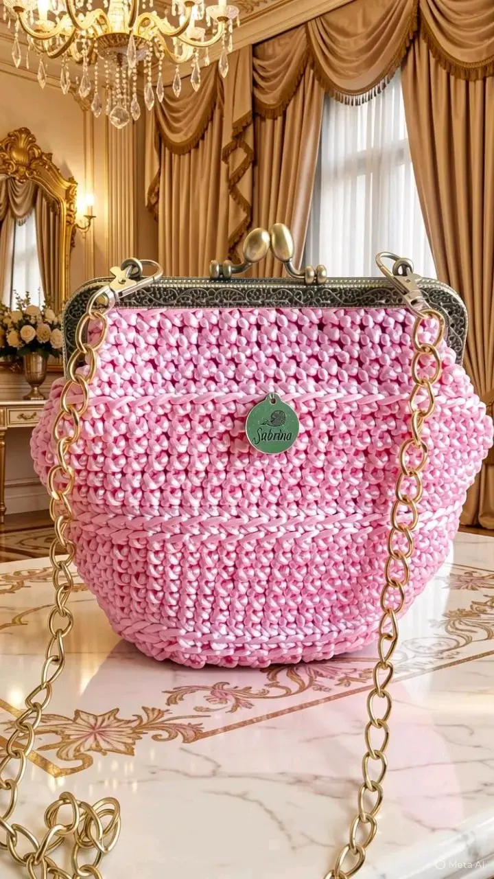 Bolso tejido a mano rosa con cadena dorada