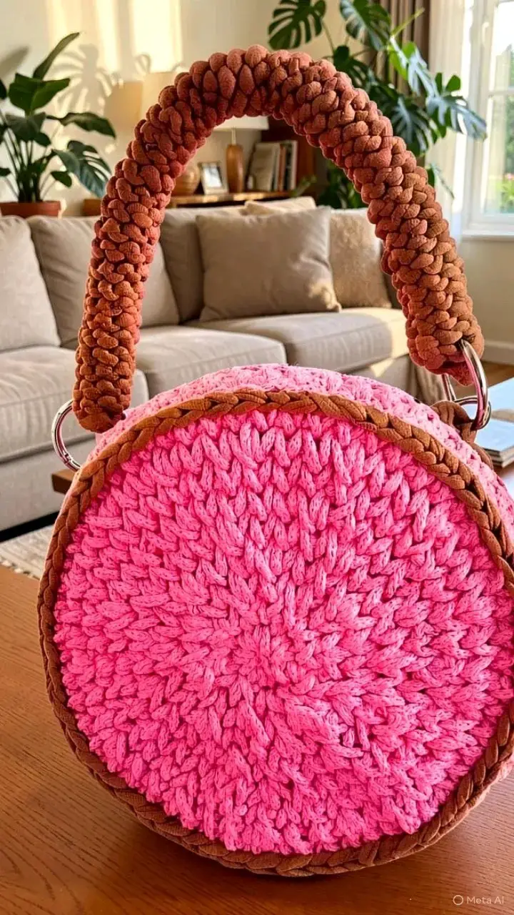 Bolso tejido a mano color rosa y marrón