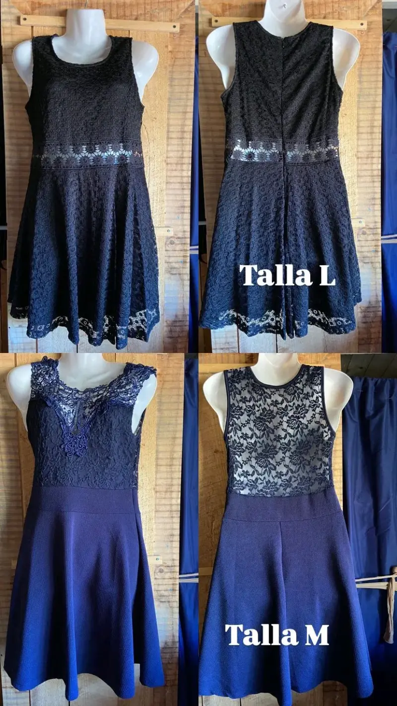 Vestido de encaje negro y azul con detalles florales
