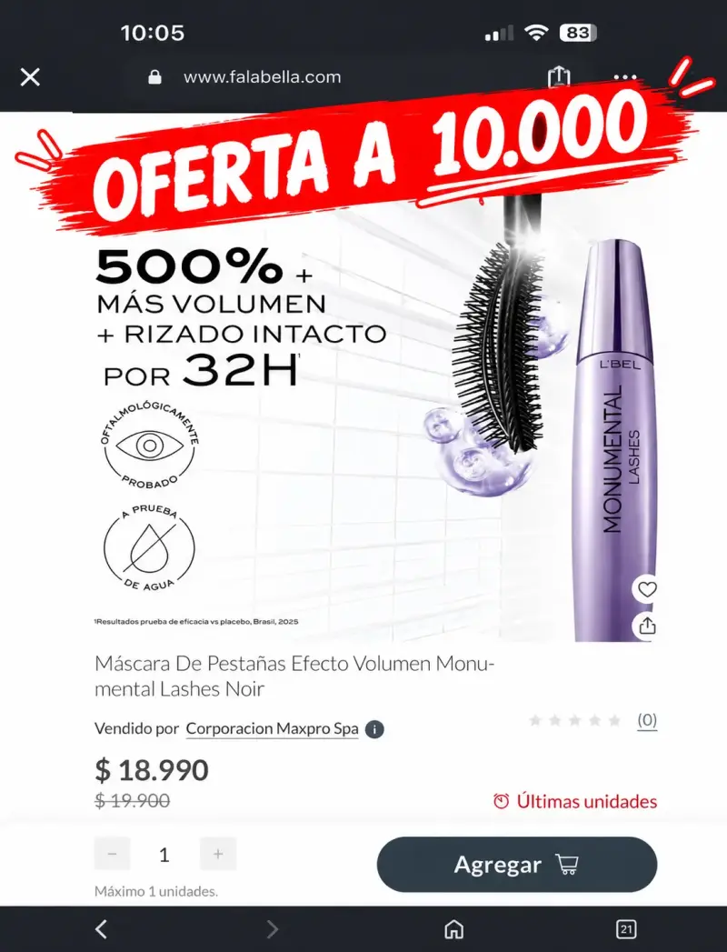 Máscara de Pestañas L'Bel Monumental Lashes Noir - 1