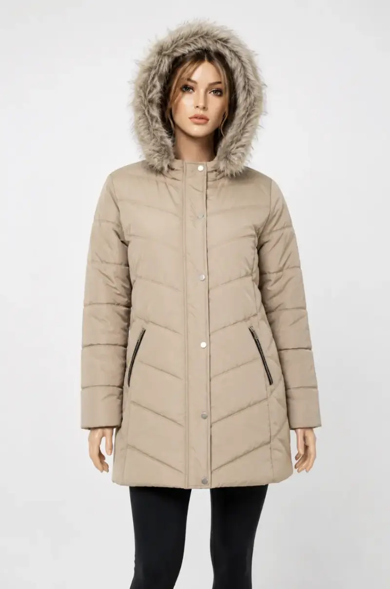 Abrigo de Mujer con Capucha de Piel Sintética Beige