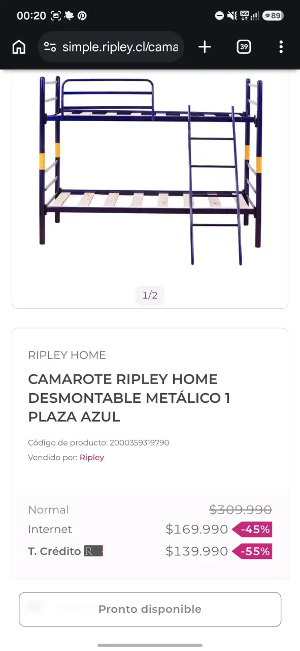 Camarote metálico desmontable 1 plaza azul Ripley Home