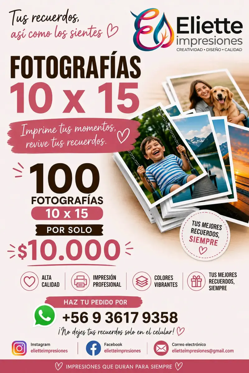 Impresión de 100 fotografías 10x15 cm alta calidad