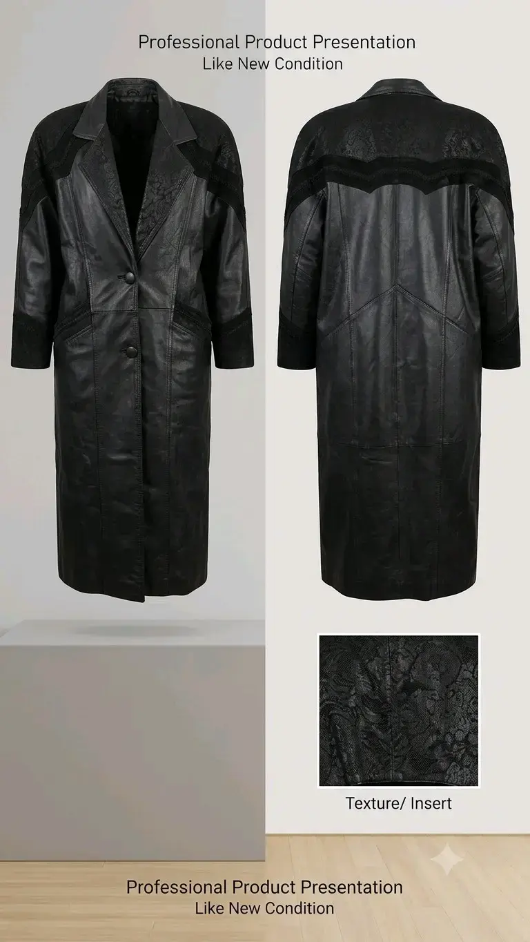 Abrigo de cuero negro con detalles de encaje vinta - 1