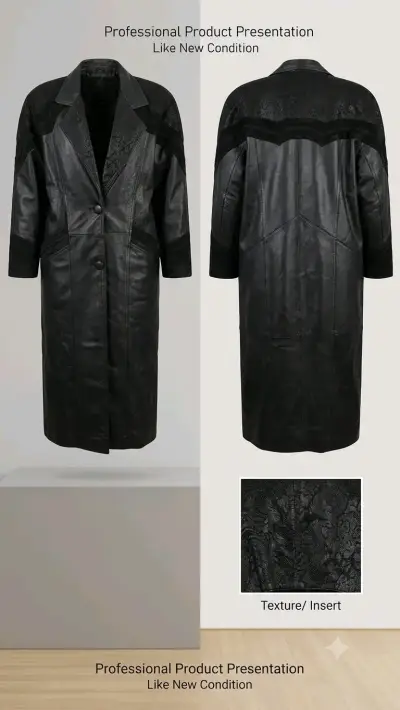 Abrigo de cuero negro con detalles de encaje vinta - miniatura 1