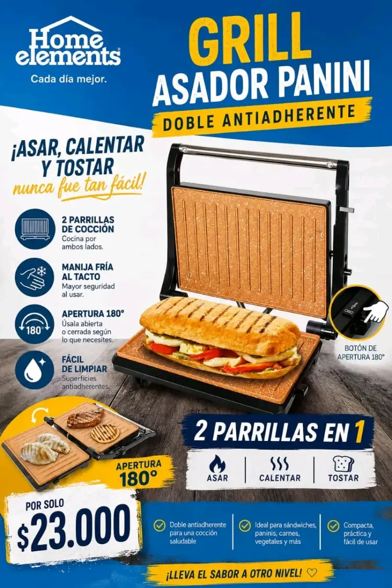 Grill Asador Panini Home Elements Antiadherente