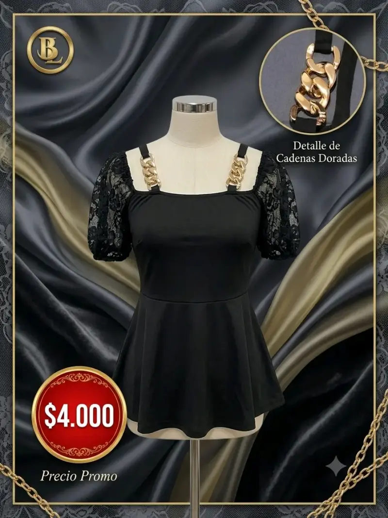 Blusa Negra con Encaje y Cadenas Doradas - 1