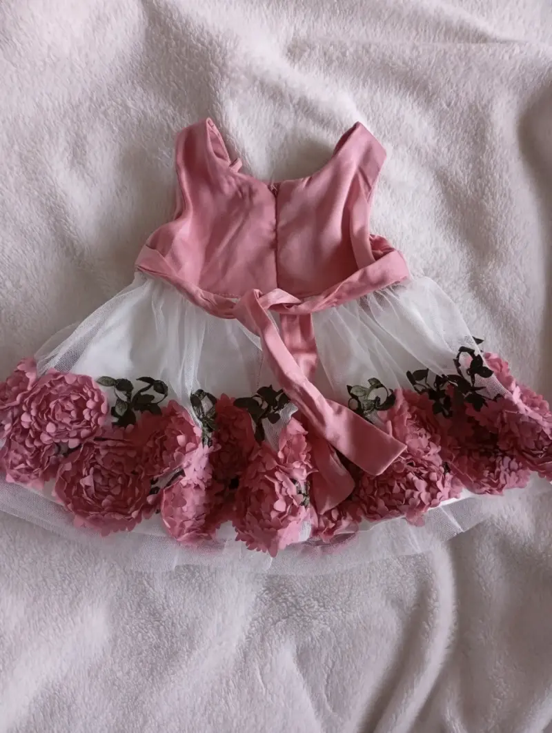 Vestido de niña rosa con flores en tul - 1