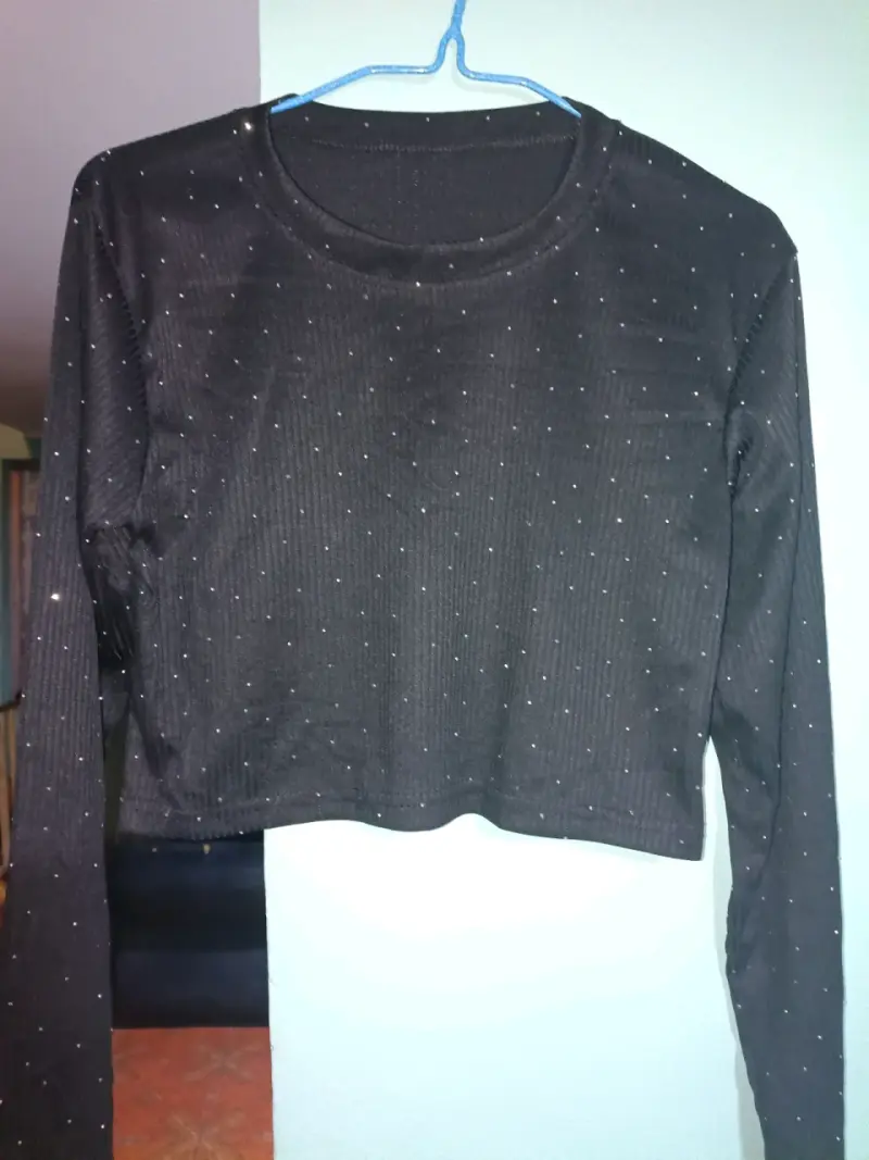 Polera crop azul con brillo para mujer - 3