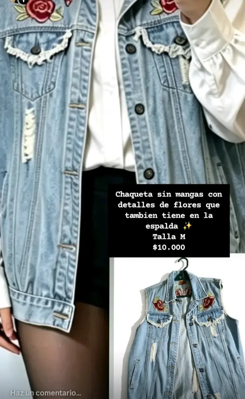Chaleco de mezclilla sin mangas con bordado floral