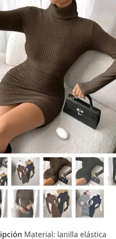 Vestido ajustado de lanilla elástica marrón - miniatura 1