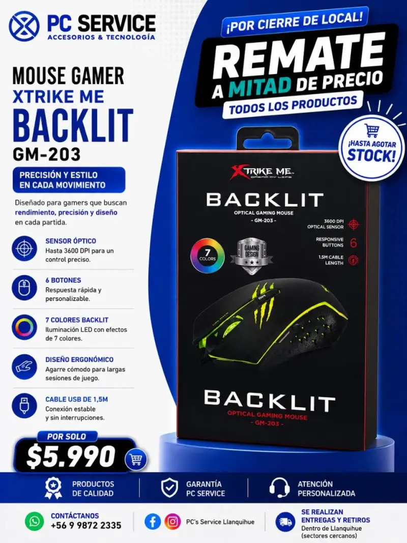 Mouse Gamer Xtrike Me Backlit GM-203 con Iluminación LED