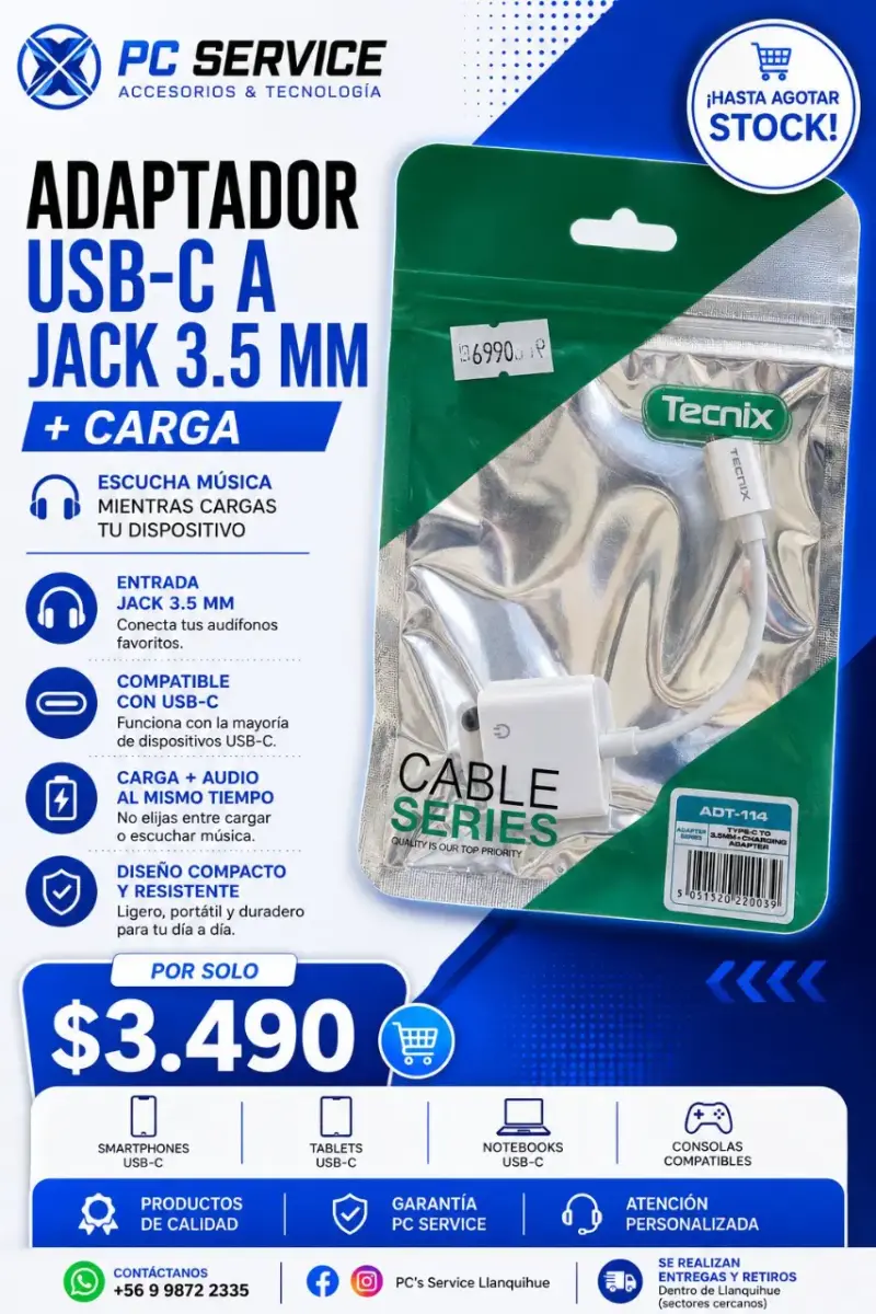 Adaptador USB-C a Jack 3.5 mm con carga Tecnix