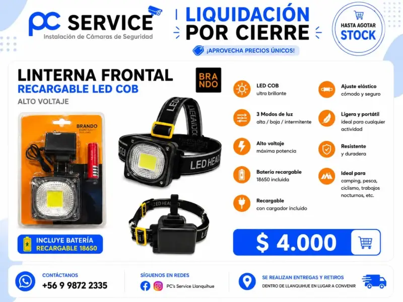 Linterna Frontal Recargable LED COB Brando