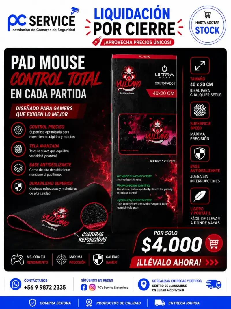 Pad Mouse Gamer Vulcano 40x20 cm Antideslizante