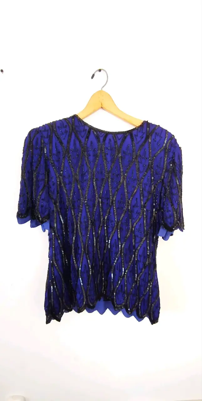 Blusa azul de seda con lentejuelas vintage - 1