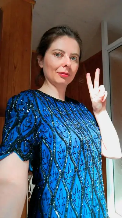 Blusa azul de seda con lentejuelas vintage - miniatura 3