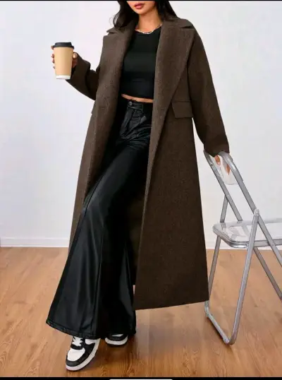 Abrigo largo de lana marrón para mujer - miniatura 2