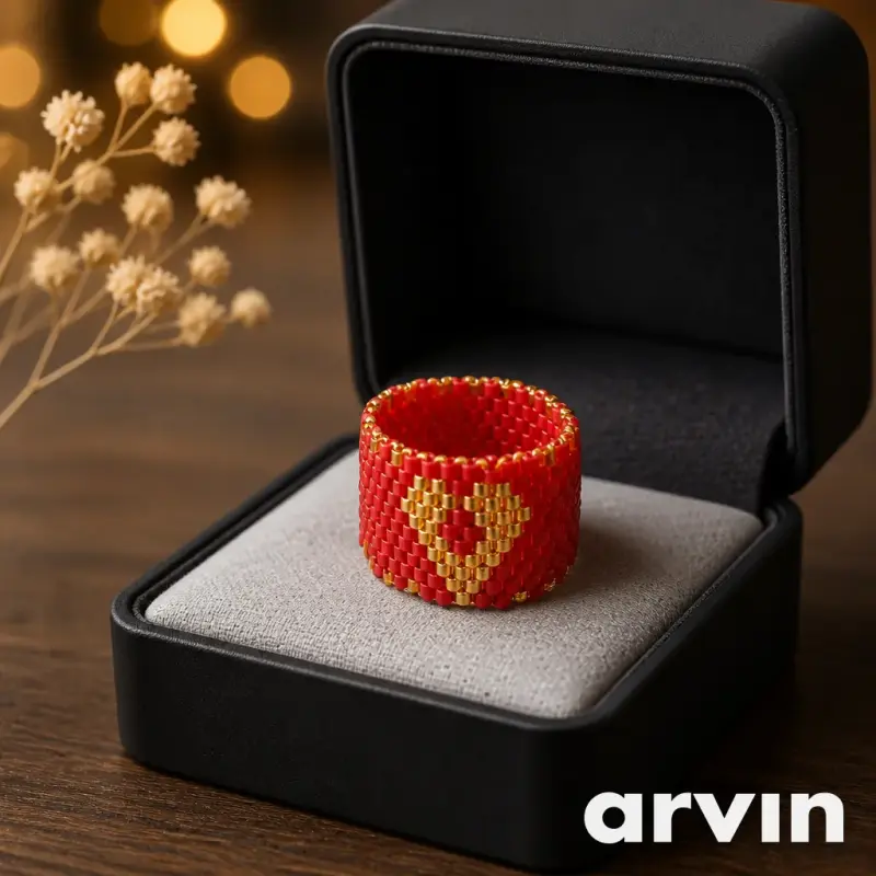 Anillo tejido a mano rojo y dorado - 1