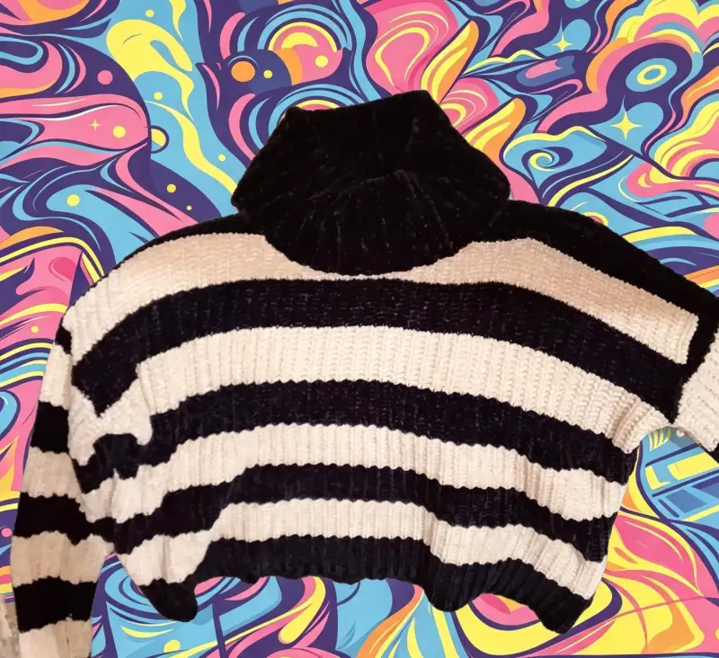 Suéter de rayas crema y negro con cuello alto