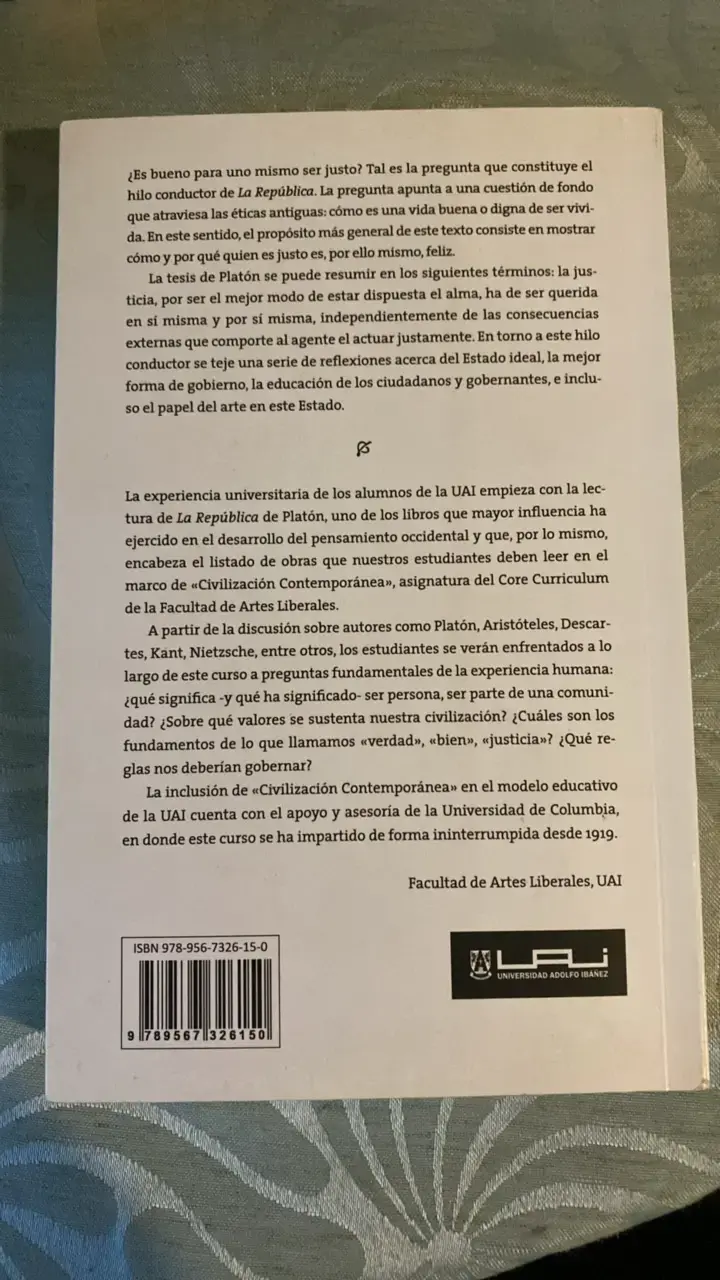Libro La República de Platón - Edición Universidad Adolfo Ibáñez - 2