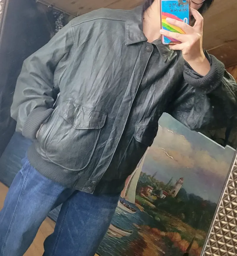 Bomber de cuero genuino color verde talla m - 2
