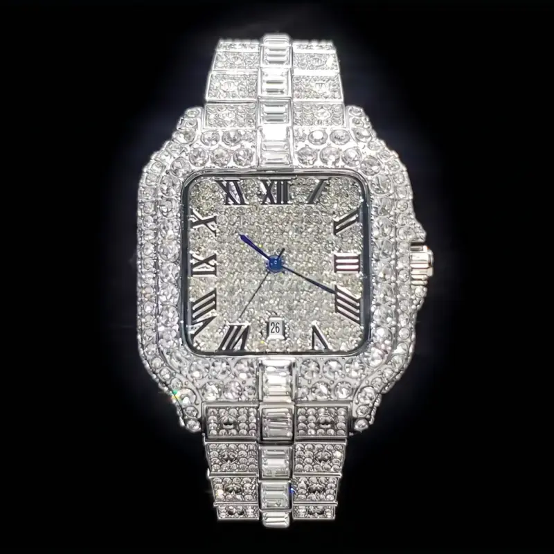 Reloj Cuadrado Full Iced Out Números Romanos Acero - 1