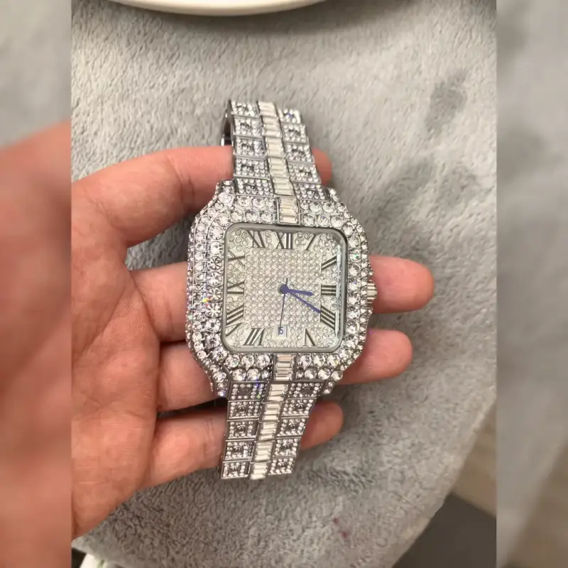 Reloj Cuadrado Full Iced Out Números Romanos Acero - 4