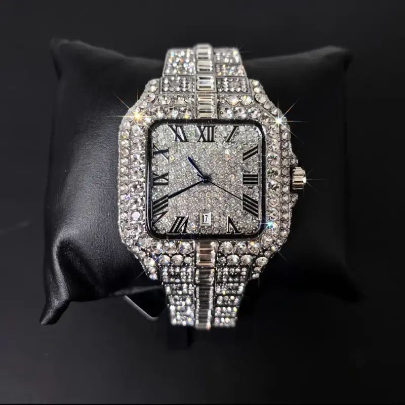 Reloj Cuadrado Full Iced Out Números Romanos Acero - 5