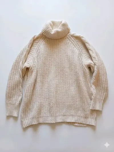 Suéter de punto beige con cuello alto para mujer - miniatura 3
