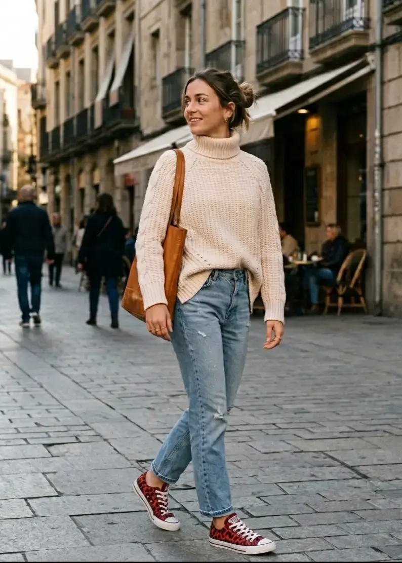 Suéter de punto beige con cuello alto para mujer - 4