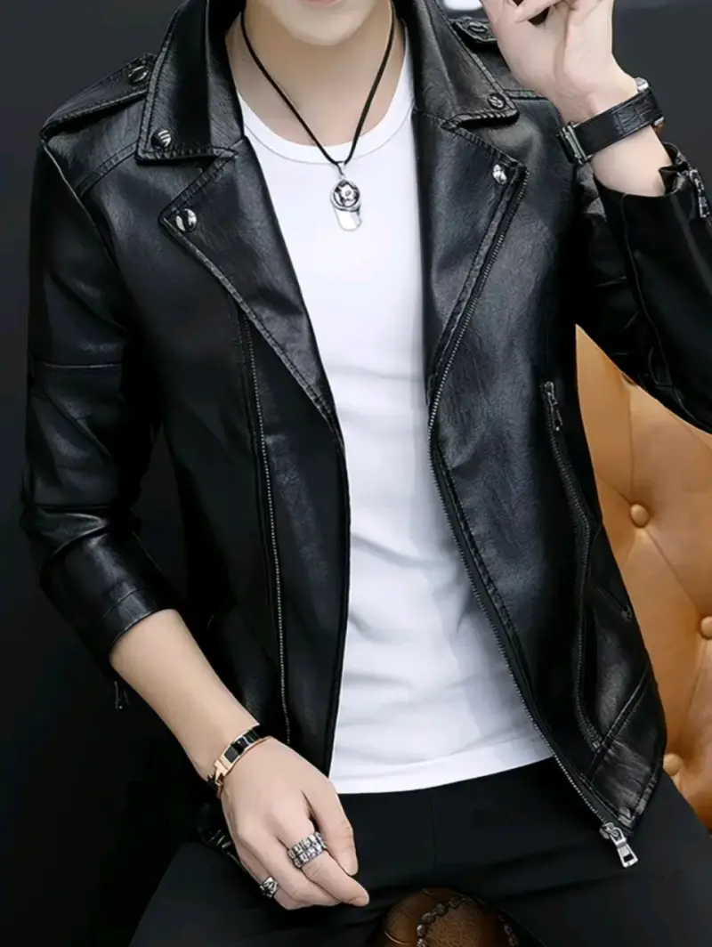 Chaqueta de cuero negra para hombre estilo biker - 1
