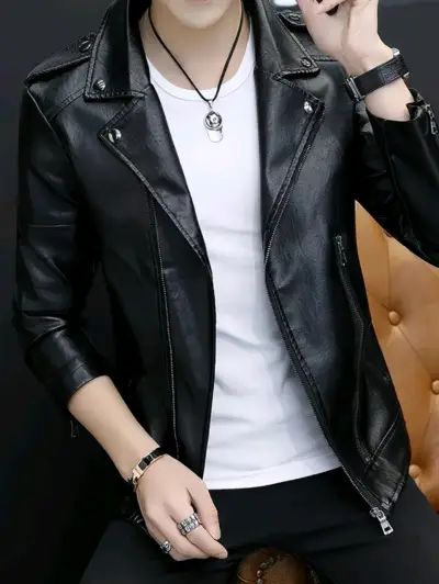 Chaqueta de cuero negra para hombre estilo biker - miniatura 1