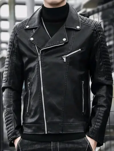 Chaqueta de cuero negra estilo motociclista - miniatura 1