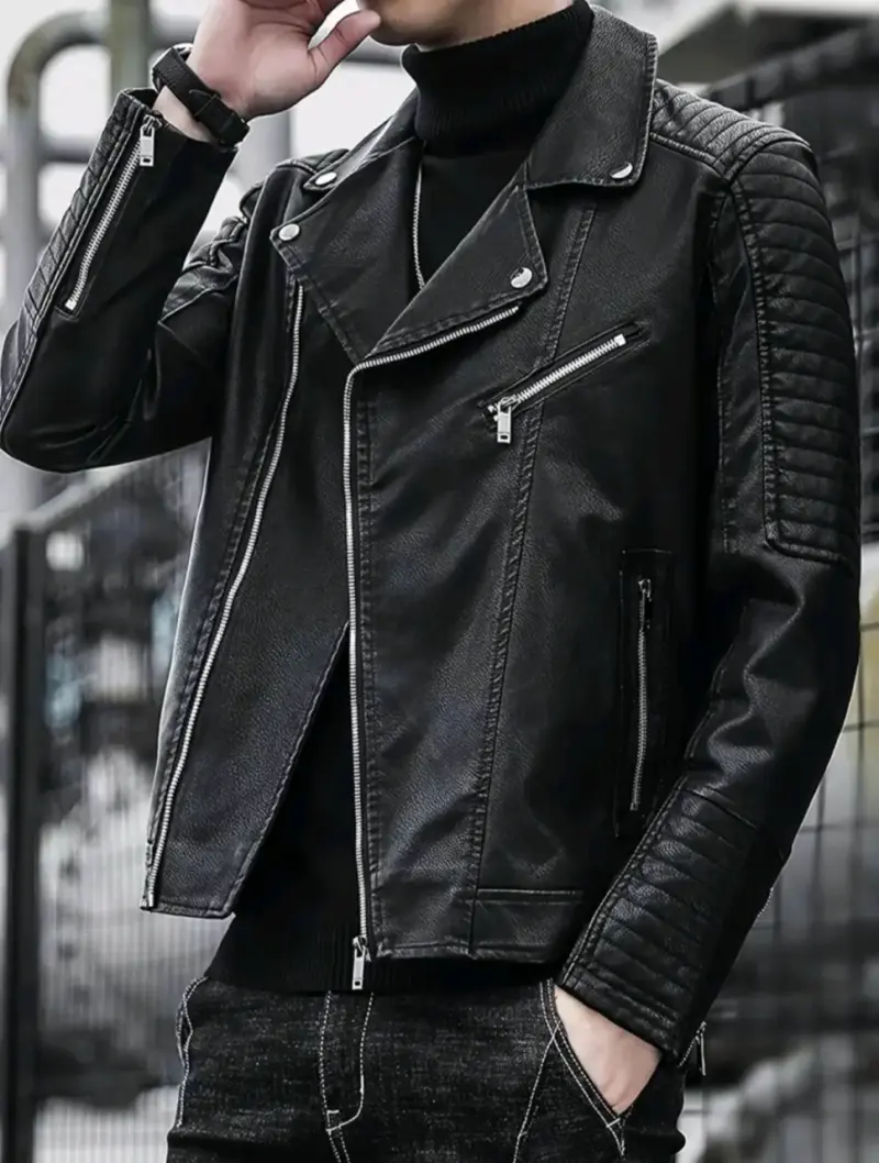 Chaqueta de cuero negra estilo motociclista - 2