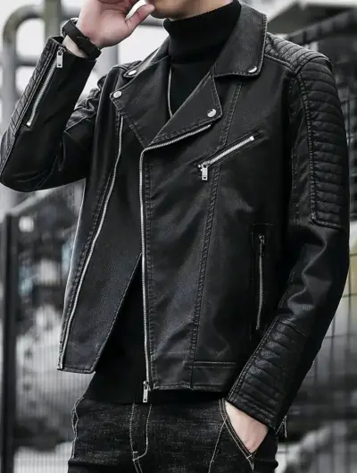 Chaqueta de cuero negra estilo motociclista - miniatura 2