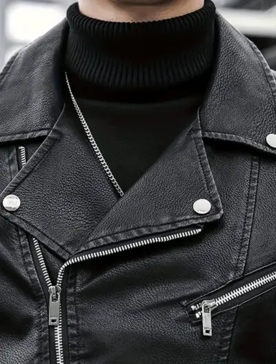 Chaqueta de cuero negra estilo motociclista - miniatura 3